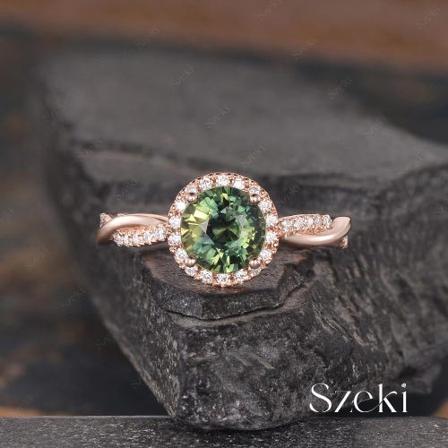 Anello di fidanzamento con zaffiro naturale del Montana, anello in oro rosa con zaffiro verde acqua, anello nuziale con alone di diamanti, infinito, rotondo da 6 mm