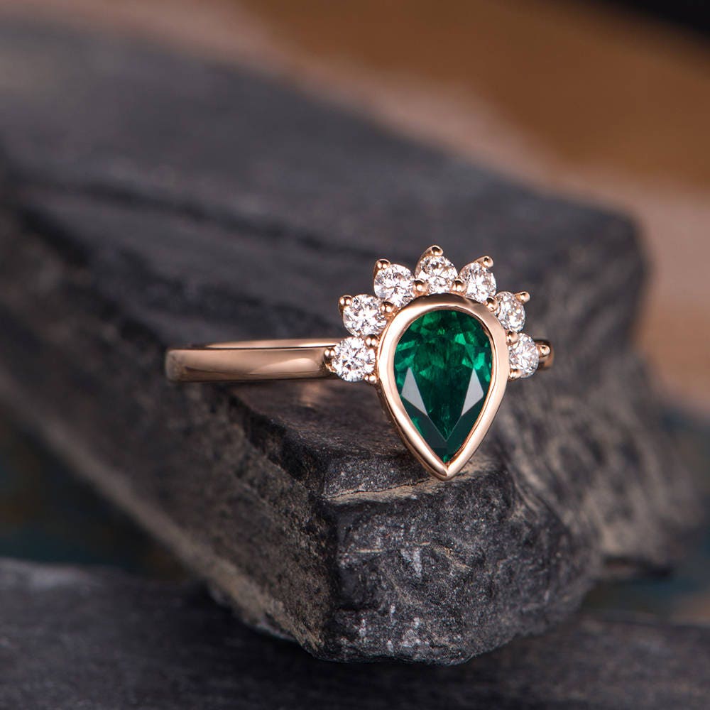 Rose Gold Lab Emerald Engagement Ring Pear Shaped Diamond Halo - Etsy