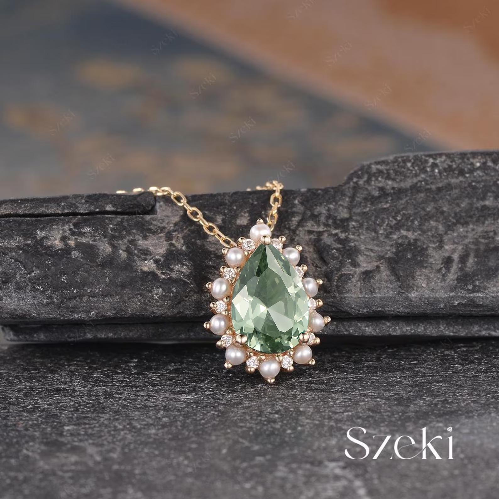 Unique Pear Shaped Green Sapphire Pendant Necklace Yellow Gold Floral Halo Pearl Pendant Cluster Diamond Necklace Anniversary Gift For Her