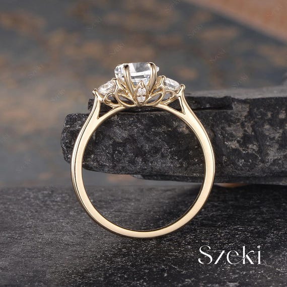 Unique Pear Cut Lab Grown Diamond Engagement Ring Lotus Floral Ring 14K Gold Three Stone Diamond Ring Cathedral Setting Anniversary Gift