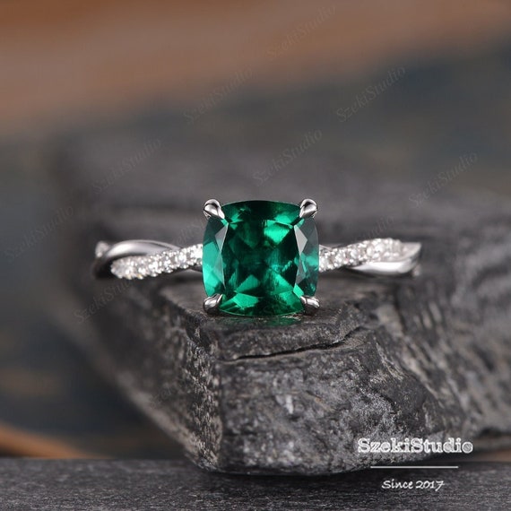 Emerald Cut Emerald and Diamond Three Stone Ring in 14k White Gold (1.32ct.  center)