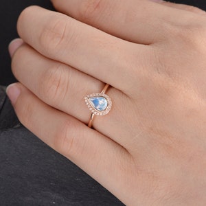 Moonstone Engagement Ring Rose Gold Pear Shaped Ring Bridal Diamond Halo Women Antique Ring Anniversary Gift Bezel Set Eternity Tear image 5