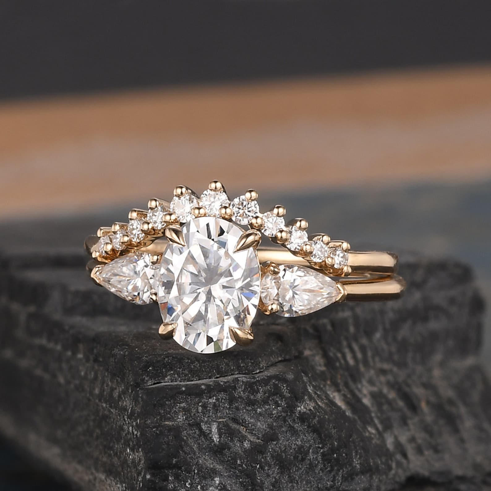 Oval Cut Bridal Set Yellow Gold Moissanite Engagement Ring Set Pear ...