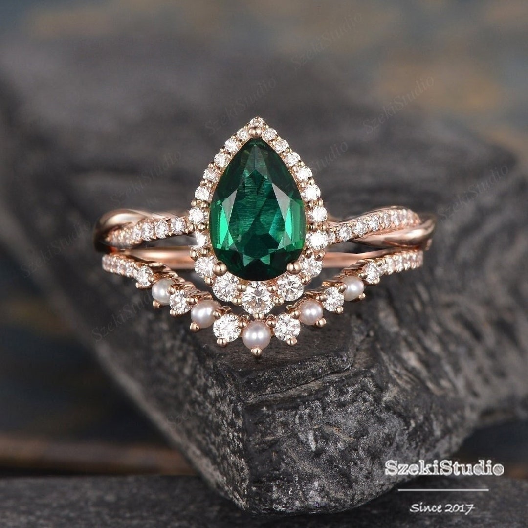 Infinity Emerald Engagement Ring Set Rose Gold Pear Shaped - Etsy
