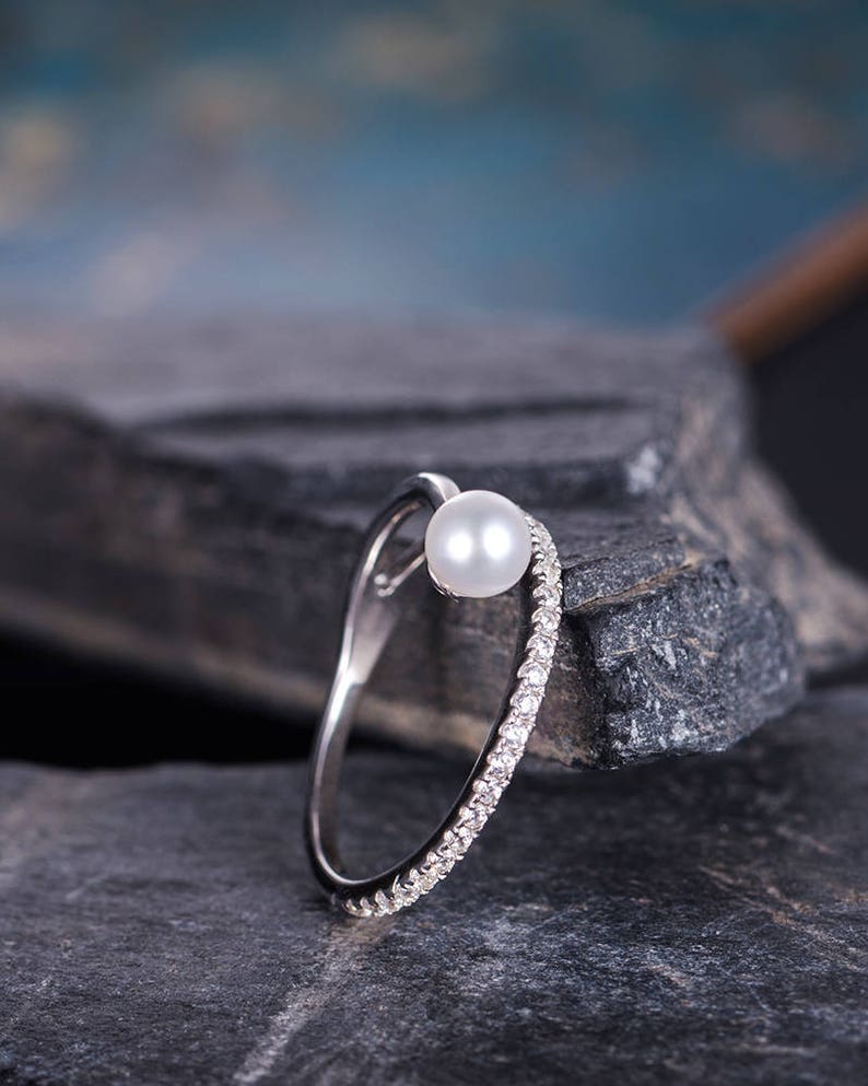 Pearl Wedding Band Diamond Unique Ring White Gold