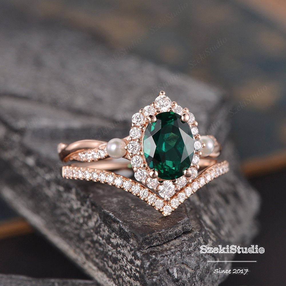 Pearl Emerald Bridal Set Rose Gold Engagement Ring Set Women | Etsy