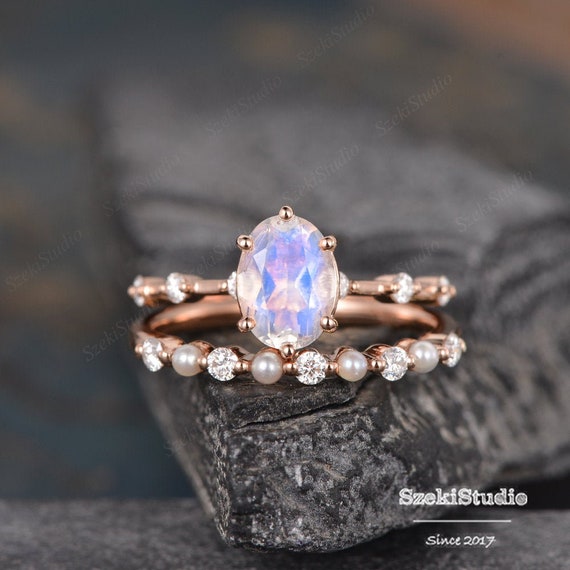 Solitaire Oval Moonstone Ring Rose Gold Engagement Ring Set