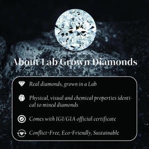 May include: A brilliant, lab-grown diamond is displayed against a dark, textured background. The image includes text stating the diamond's properties, including being conflict-free and eco-friendly, and comes with an official certificate.