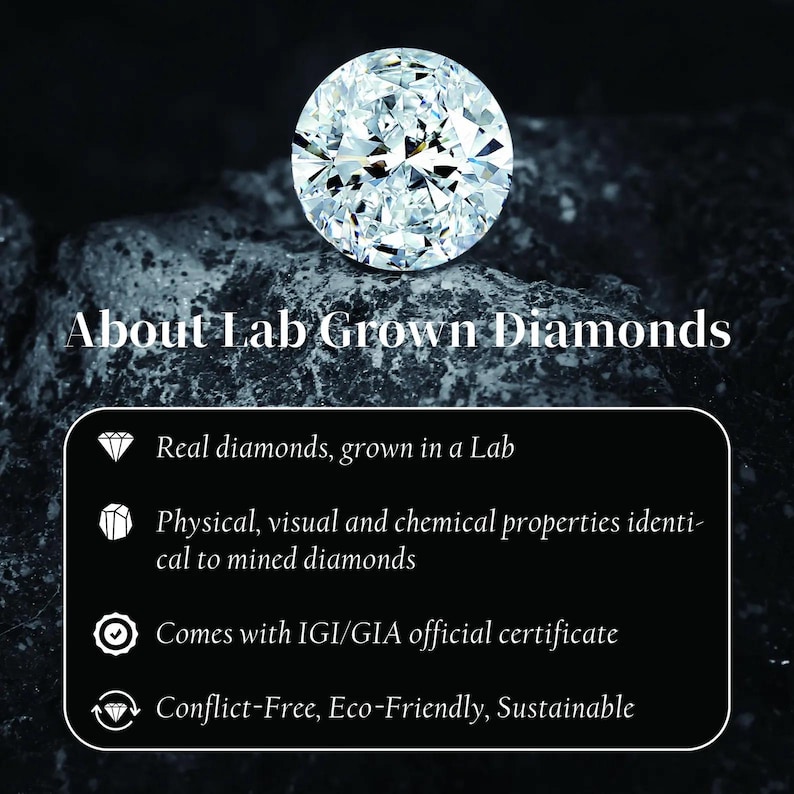 May include: A brilliant, lab-grown diamond is displayed against a dark, textured background. The image includes text stating the diamond's properties, including being conflict-free and eco-friendly, and comes with an official certificate.