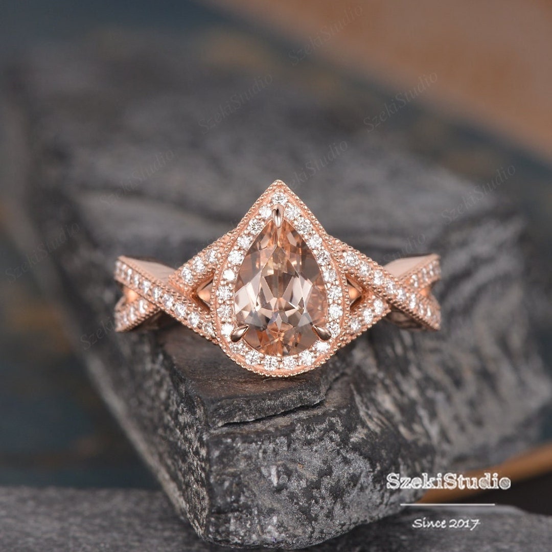 Rose Gold Pear Shaped Morganite Engagement Ring Infinity Band Diamond ...