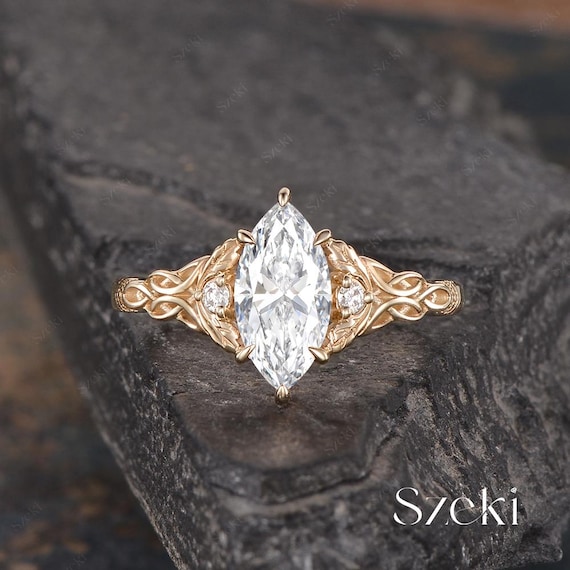 Vintage Celtic Knot Lab Diamond Ring Yellow Gold Marquise Cut Diamond Engagement Ring Twist Ring Natural Inspired Leaf Ring Promise Ring