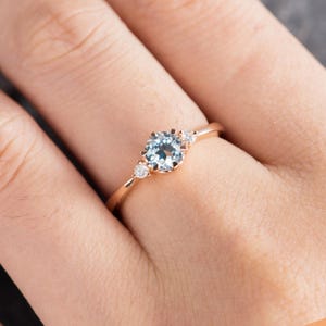 Aquamarine Engagement Ring Rose Gold 3 Stone Ring Diamond Thin Minimalist Birthstone March Promise Ring Anniversary Bridal Half Eternity image 6
