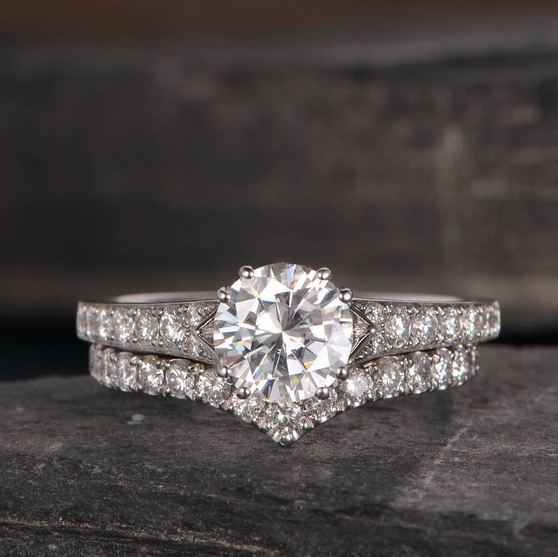 Moissanite Engagement Ring Set White Gold Bridal Set Chevron Etsy