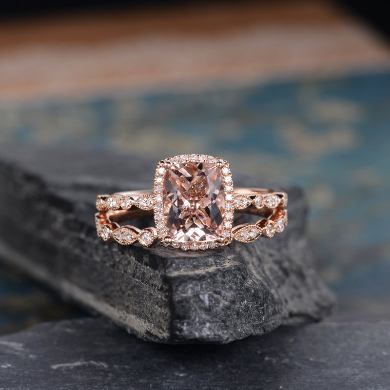 Cushion Cut Morganite Engagement Ring Rose Gold Open Wedding Bridal Set 7X9mm Art Deco Women Diamond Half Eternity Antique Anniversary Gift