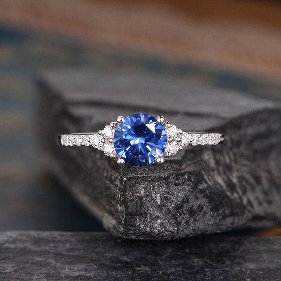 Sapphire Engagement Ring White Gold Diamond Cluster Lab Sapphire