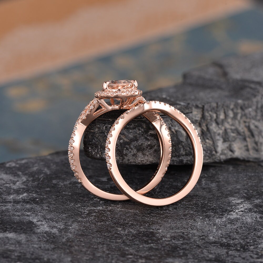 Pear Shaped Morganite Engagement Ring Set Rose Gold Natural Diamond ...
