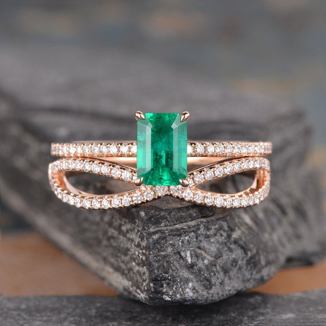 Natural Emerald Bridal Sets Rose Gold Emerald Engagement Ring Etsy