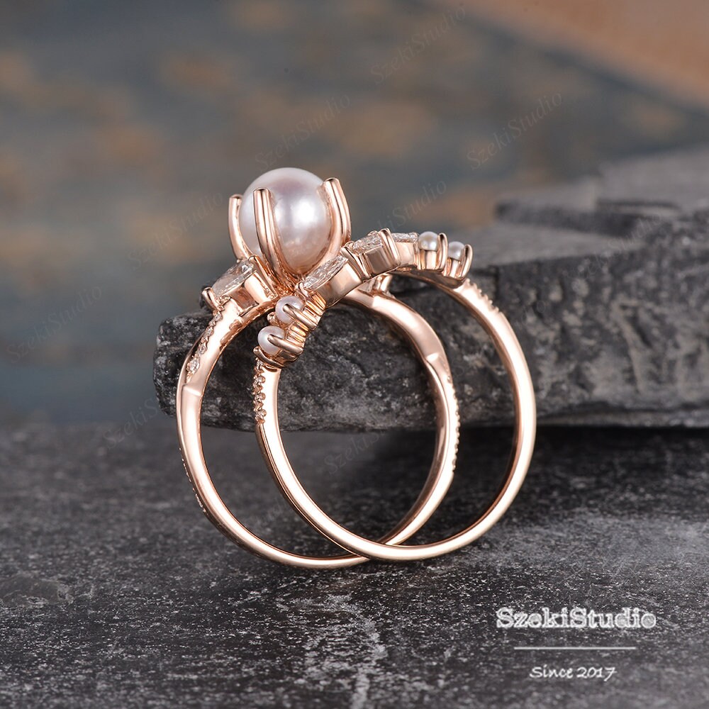 Pearl Engagement Ring Set Rose Gold Infinity Diamond Ring Akoya Pearl ...