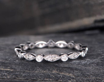 Art Deco Wedding Band Woman White Gold Diamond Eternity Band Stacking Ring Antique Jewelry Delicate Bridal Promise Dainty Anniversary Gift