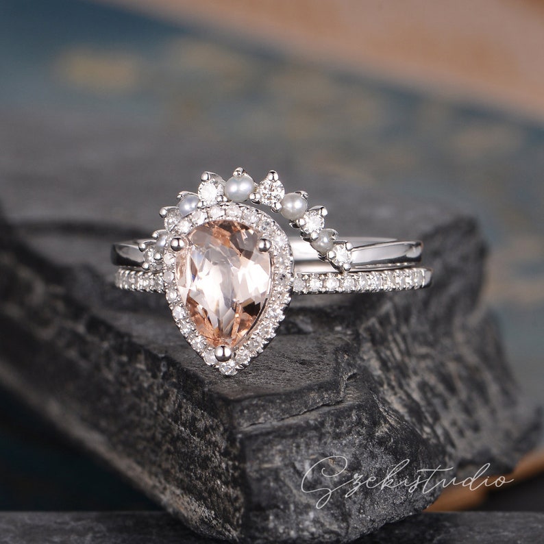 Pearl Morganite Engagement Ring Set Rose Gold Bridal Set | Etsy