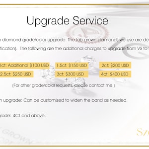 K&ouml;nnte beinhalten: Informative Grafik mit dem Titel &bdquo;Upgrade Service&ldquo; mit Text, der Details zu Diamantg&uuml;te- und Farbaufr&uuml;stungen, Anpassung der Bandbreite und Karat-Upgrades enth&auml;lt. Enth&auml;lt Preise f&uuml;r verschiedene Diamantgr&ouml;&szlig;en mit einer Diamantgrafik.