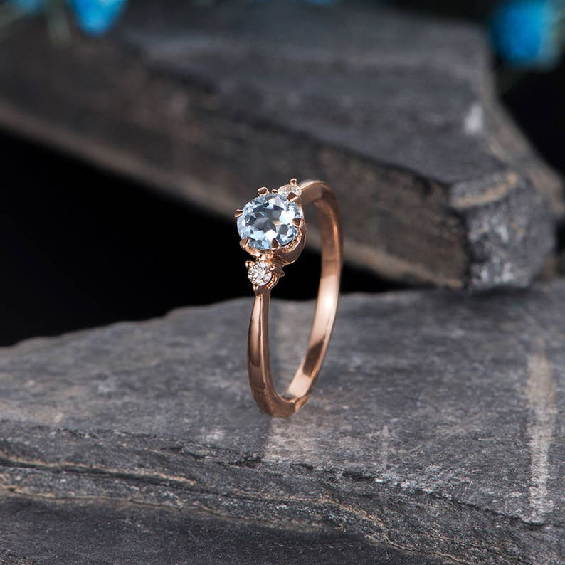 Aquamarine Engagement Ring Rose Gold 3 Stone Ring Diamond Thin Minimalist Birthstone March Promise Ring Anniversary Bridal Half Eternity image 2