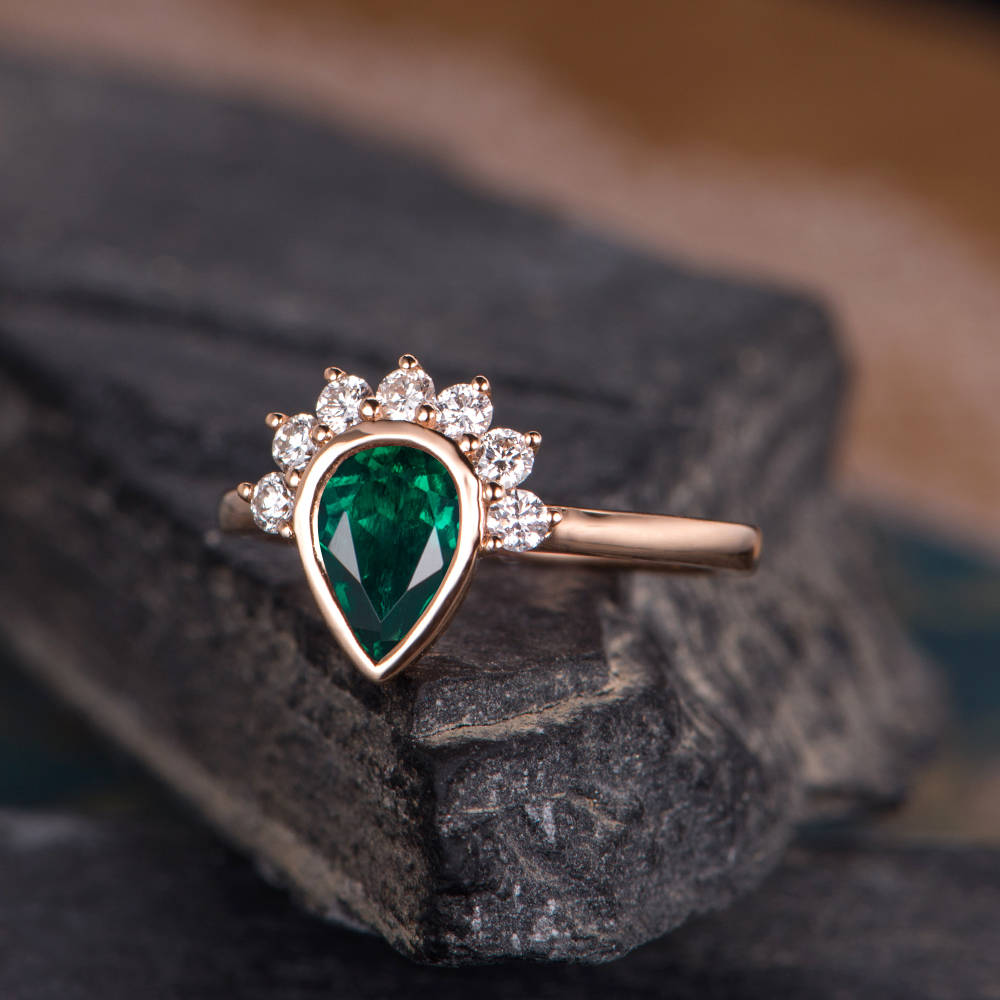 Rose Gold Lab Emerald Engagement Ring Pear Shaped Diamond Halo - Etsy