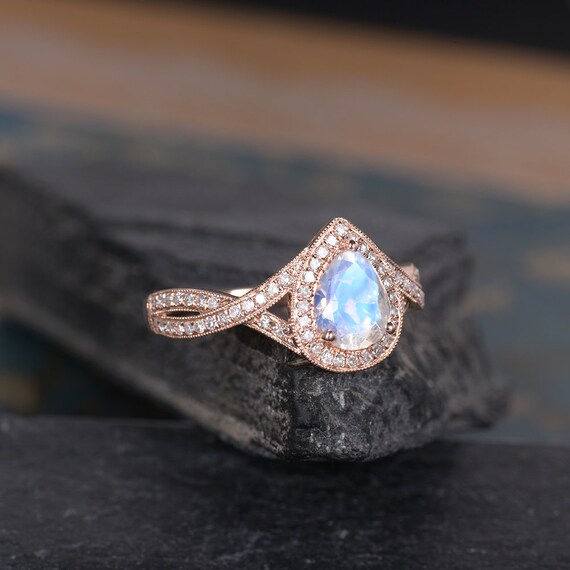 Bague Pierre De Lune 0,48ct Et Diamants 0,08ct - Or Jaune 14k Massif - Naturelle - Taille 7