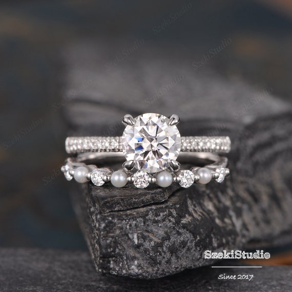 Pearl Moissanite Engagement Ring Set Rose Gold Wedding Ring Set Unique Bottom Diamond Bridal Set Art Deco Solitaire Anniversary Women 2pcs Etsy Ireland
