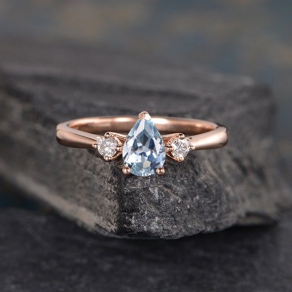 Three Stone Aquamarine Engagement Ring Pear Shaped Rose Gold 3 - Etsy