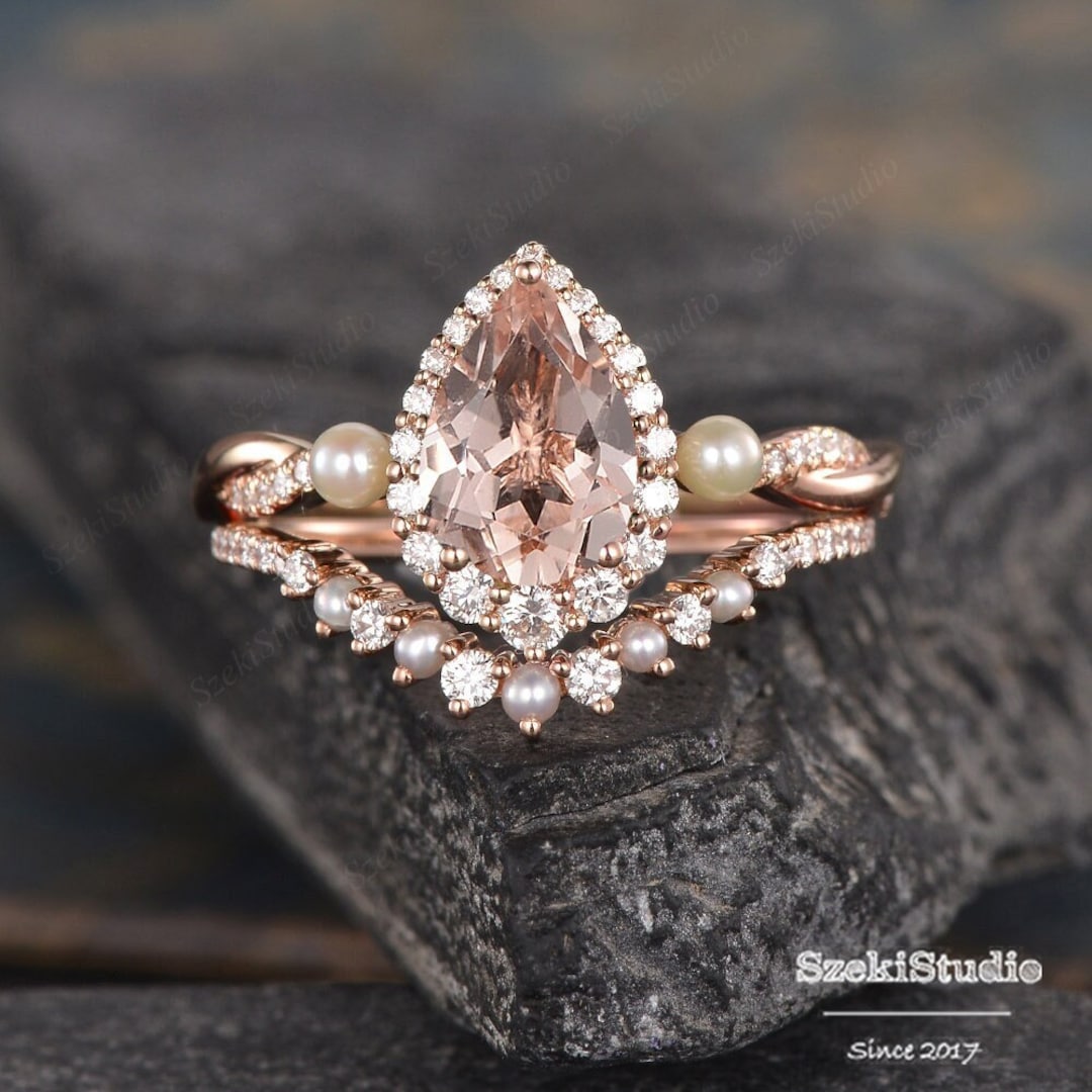 1.6CT Pear Shaped Morganite Engagement Ring Set Rose Gold Women Halo ...