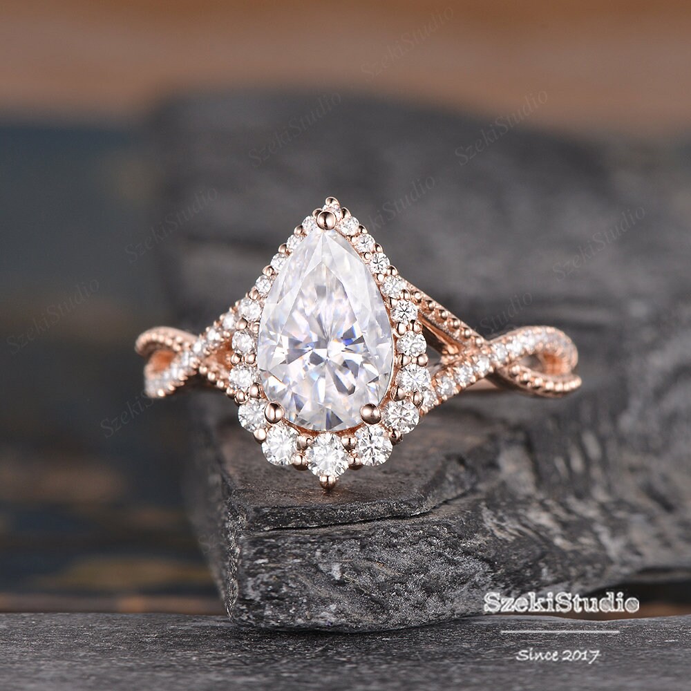 1.6ct Pear Shaped Moissanite Engagement Ring Rose Gold Cluster