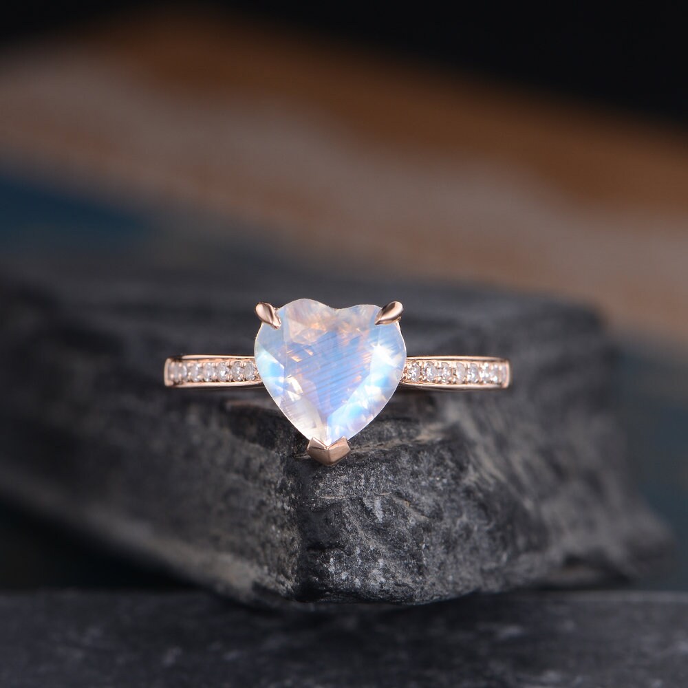 Heart Shaped Moonstone Engagement Ring Rose Gold Solitaire Half
