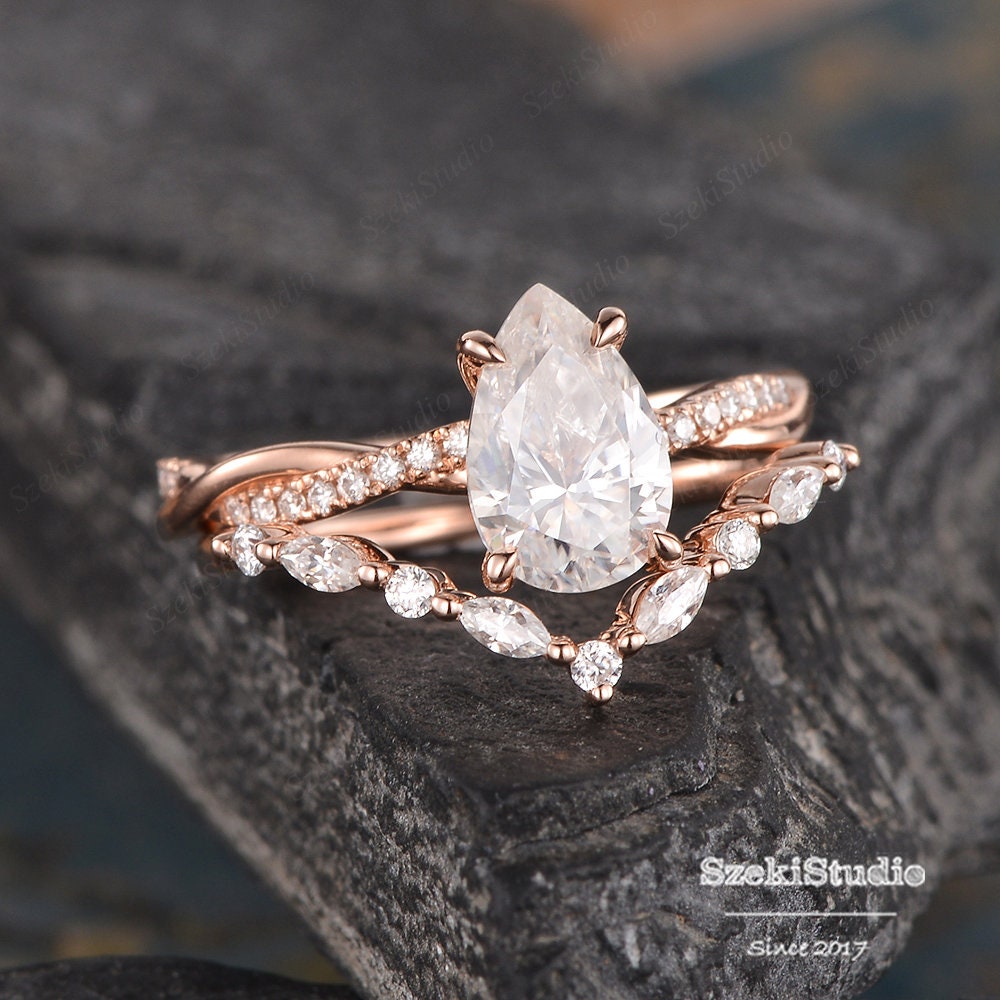 Pear Shaped Moissanite Engagement Ring Set Rose Gold Twist