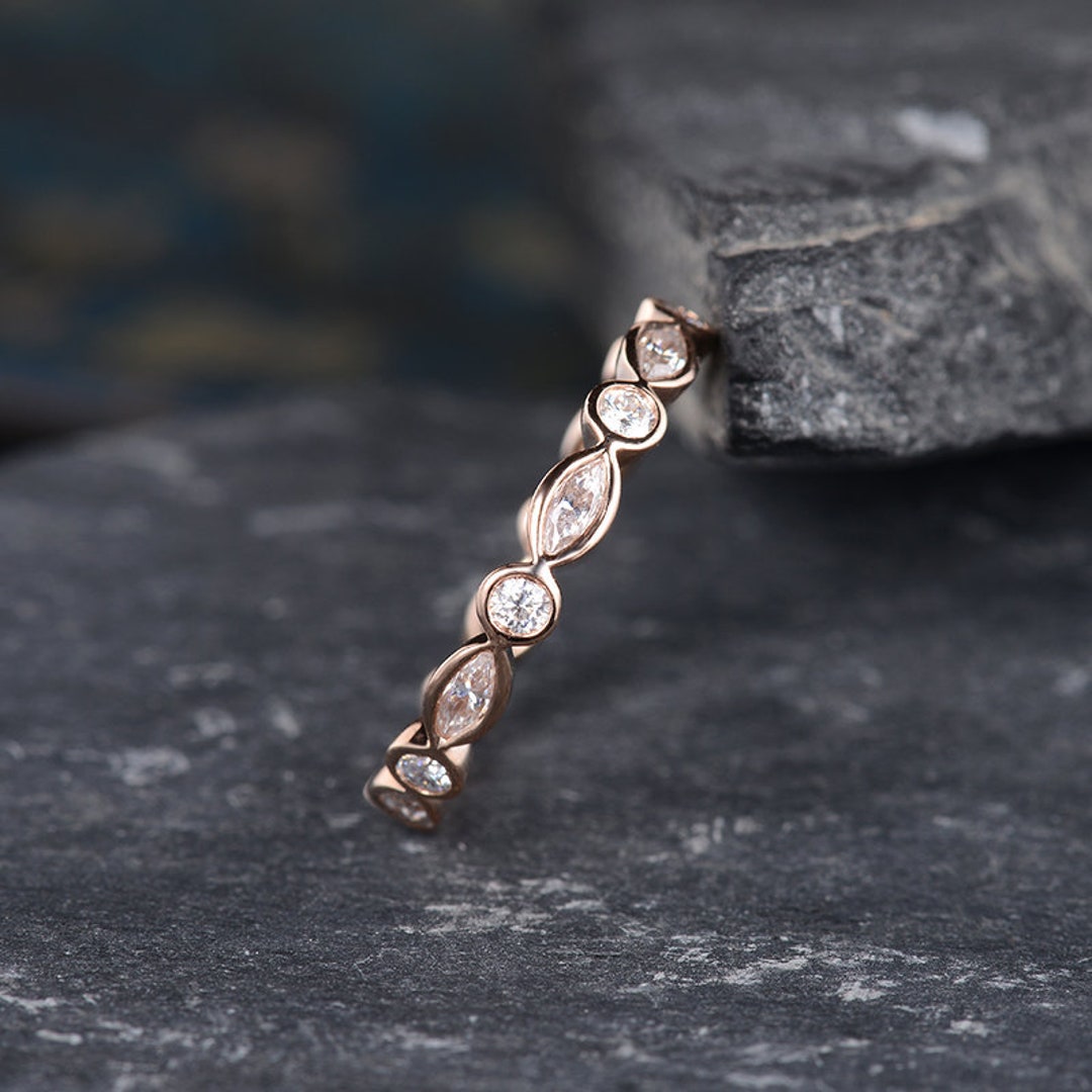 Rose Gold Wedding Band Women Moissanite Art Deco Wedding Band Marquise ...