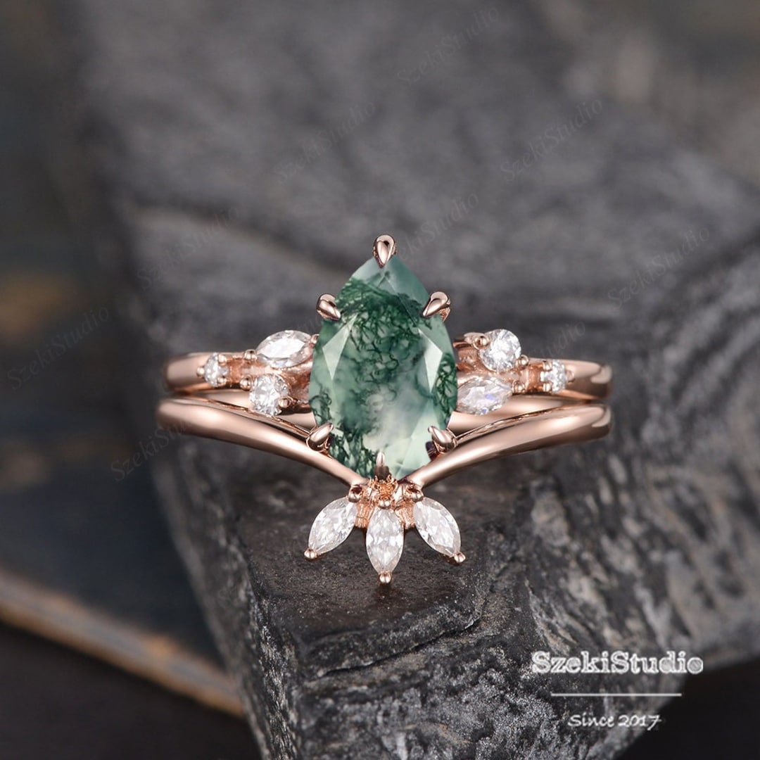 Pear Shaped Moss Agate Engagement Ring Set Rose Gold Green Crystal Wedding Ring Set Art Deco Vintage Ring Solitaire 6 Prongs Marquise Band Etsy
