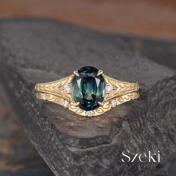 Oval Cut Teal Sapphire Engagement Ring Set Solid Gold Leaf Wedding