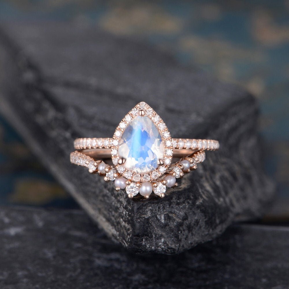 Pearl and Moonstone Engagement Ring Rose Gold Pear Shaped Rose