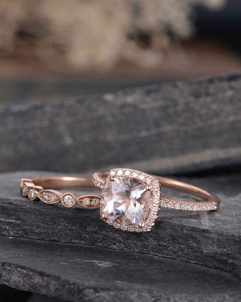 Rose Gold Engagement Ring Cushion Cut Morganite Ring Bridal | Etsy Canada