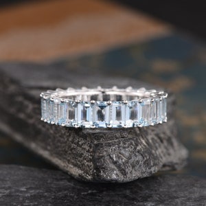 Emerald Cut Aquamarine Wedding Band Women Full Eternity Aquamarine Band 5mm Band Width White Gold Matching Unique Band Bridal Women Ring