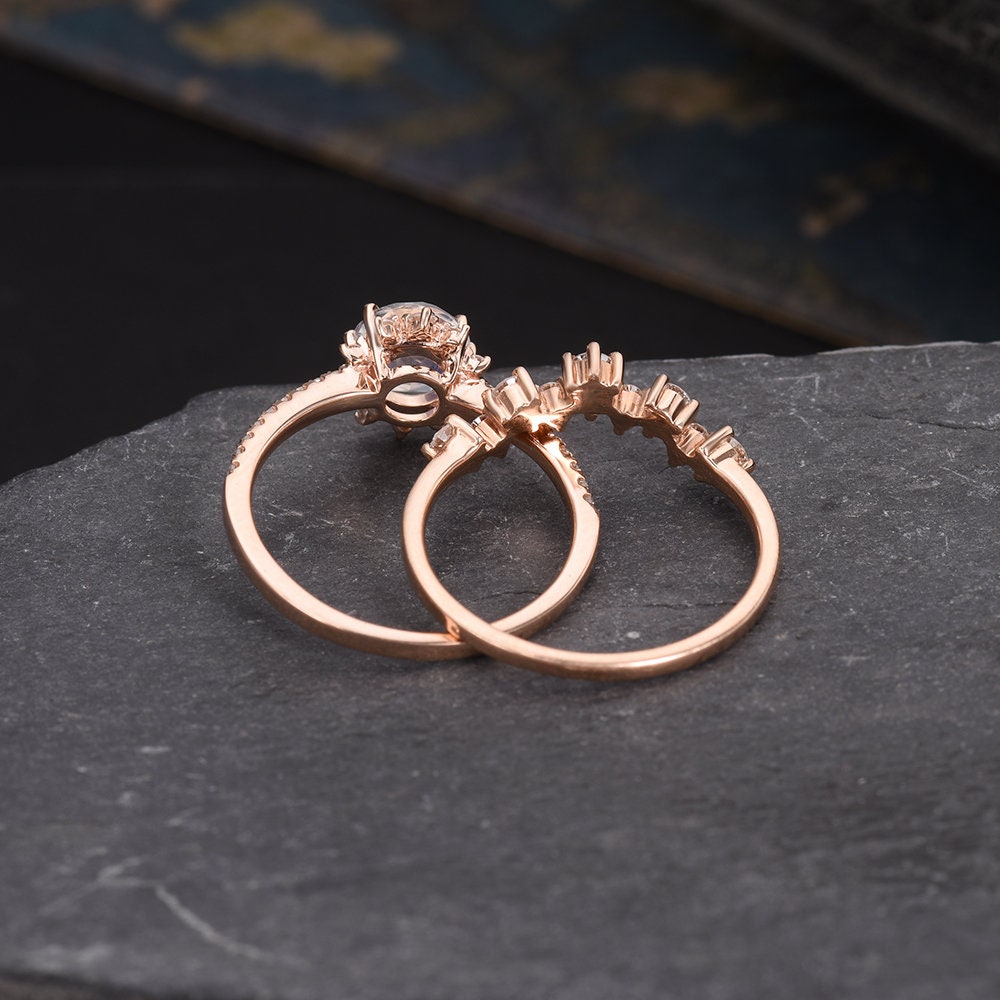 Rose Gold Moonstone Engagement Ring Set Bridal Set Round Cut | Etsy