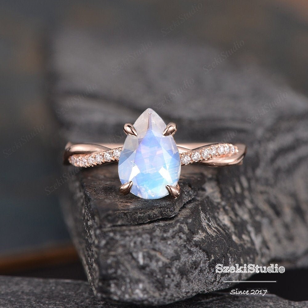 14k Gold Pear Cut Moonstone Ring, Dainty Moonstone Engagement Ring – Melt'm  Jewelry