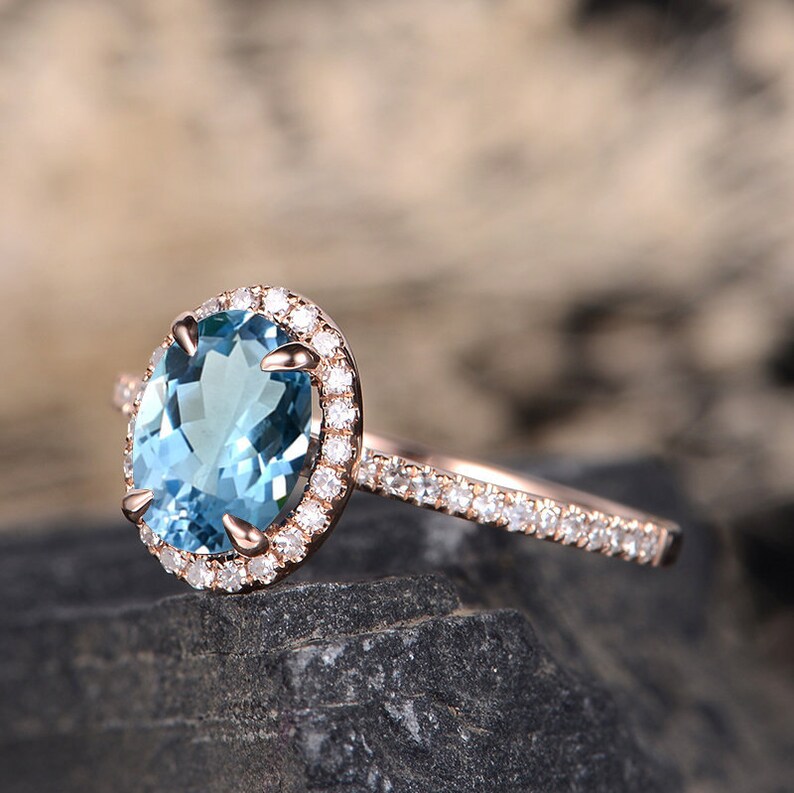 Swiss Blue Topaz Engagement Ring Rose Gold Oval Cut Halo Etsy