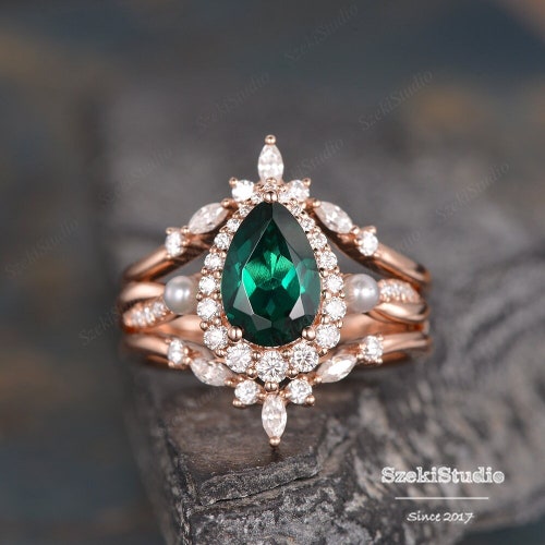 Emerald Wedding Ring Set Pear Shaped Lab Emerald Engagement - Etsy