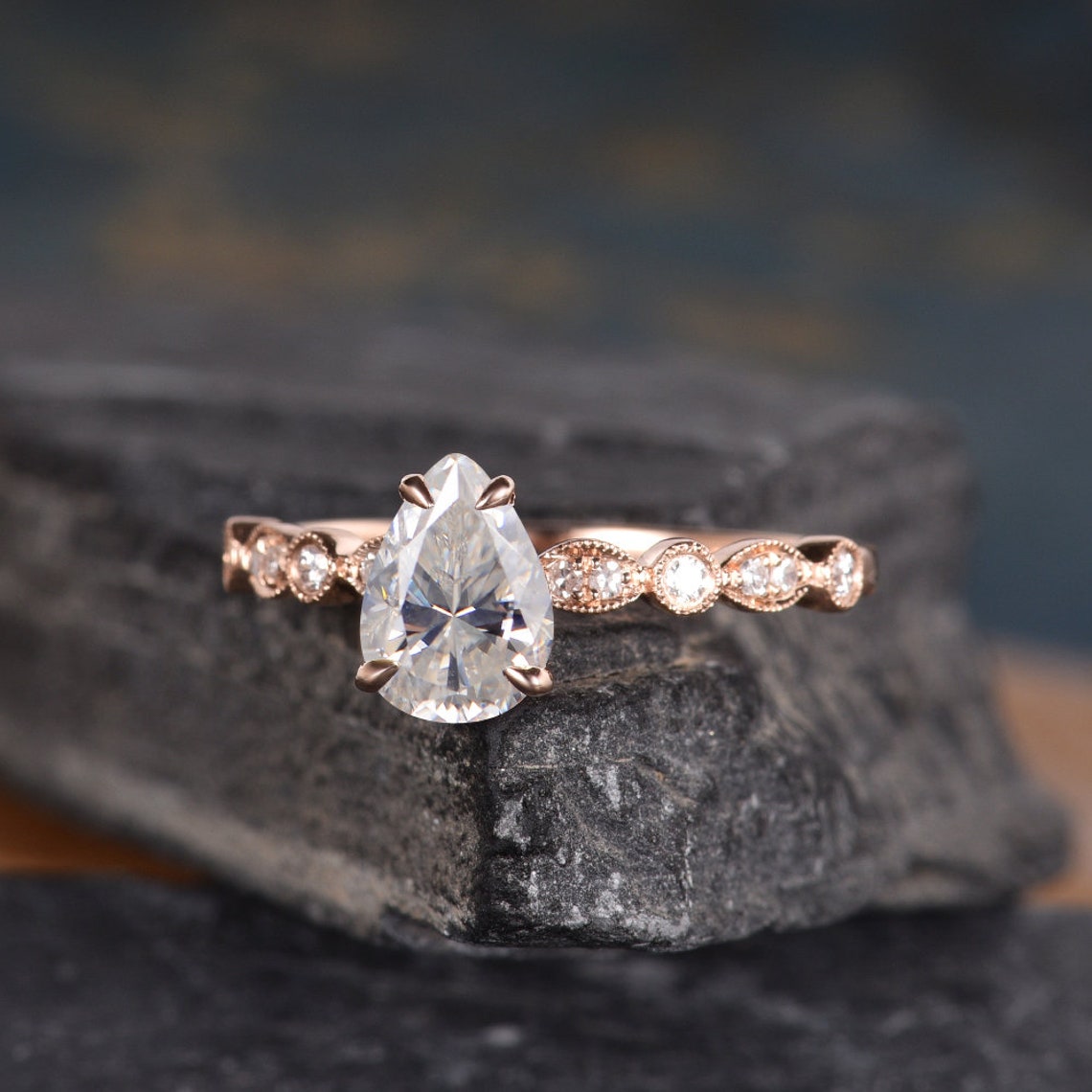 Art Deco Moissanite Engagement Ring Rose Gold Pear Shaped | Etsy
