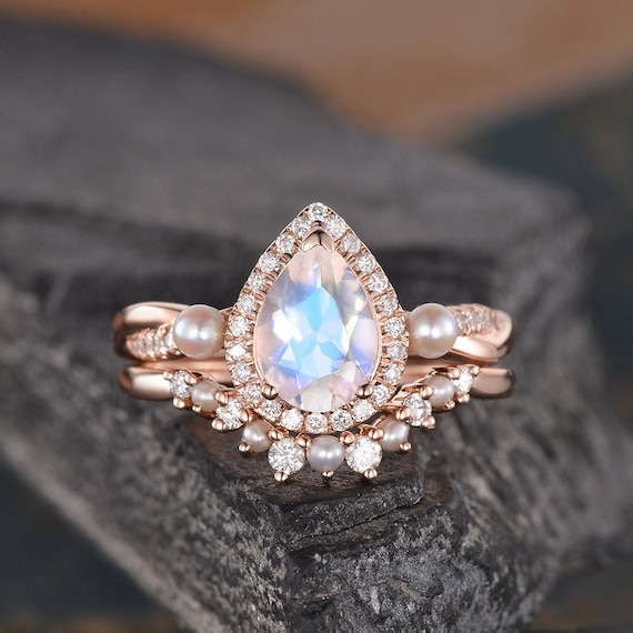 Pear Shaped Moonstone Engagement Ring Set Infinity Pearl Moonstone