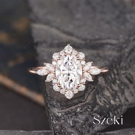 Cluster Moissanite Engagement Ring Rose Gold 1.5ct Oval Moissanite Ring Antique Ring For Her Anniversary Gift For Women Halo Marquise