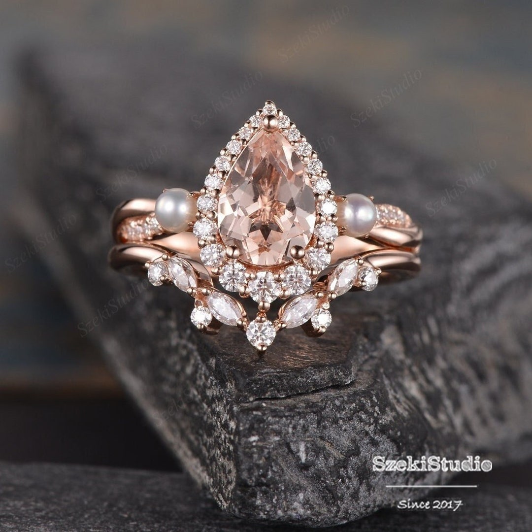 Pear Shaped Morganite Engagement Ring Set Rose Gold Wedding - Etsy
