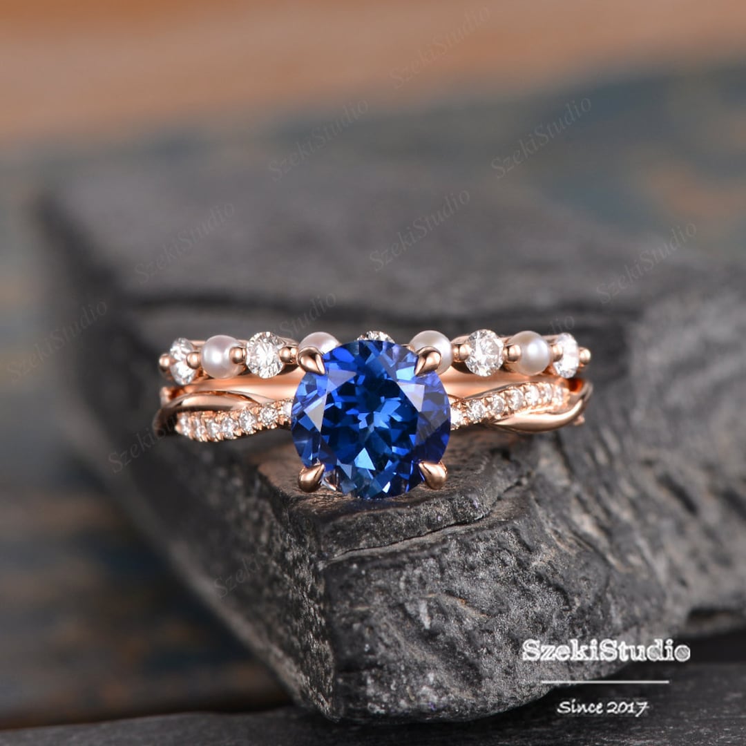 Pearl Sapphire Engagement Ring Set Lab Blue Sapphire Bridal - Etsy
