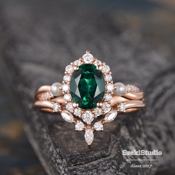 Oval Cut Lab Emerald Wedding Ring Rose Gold Unique Vintage Ring for Women